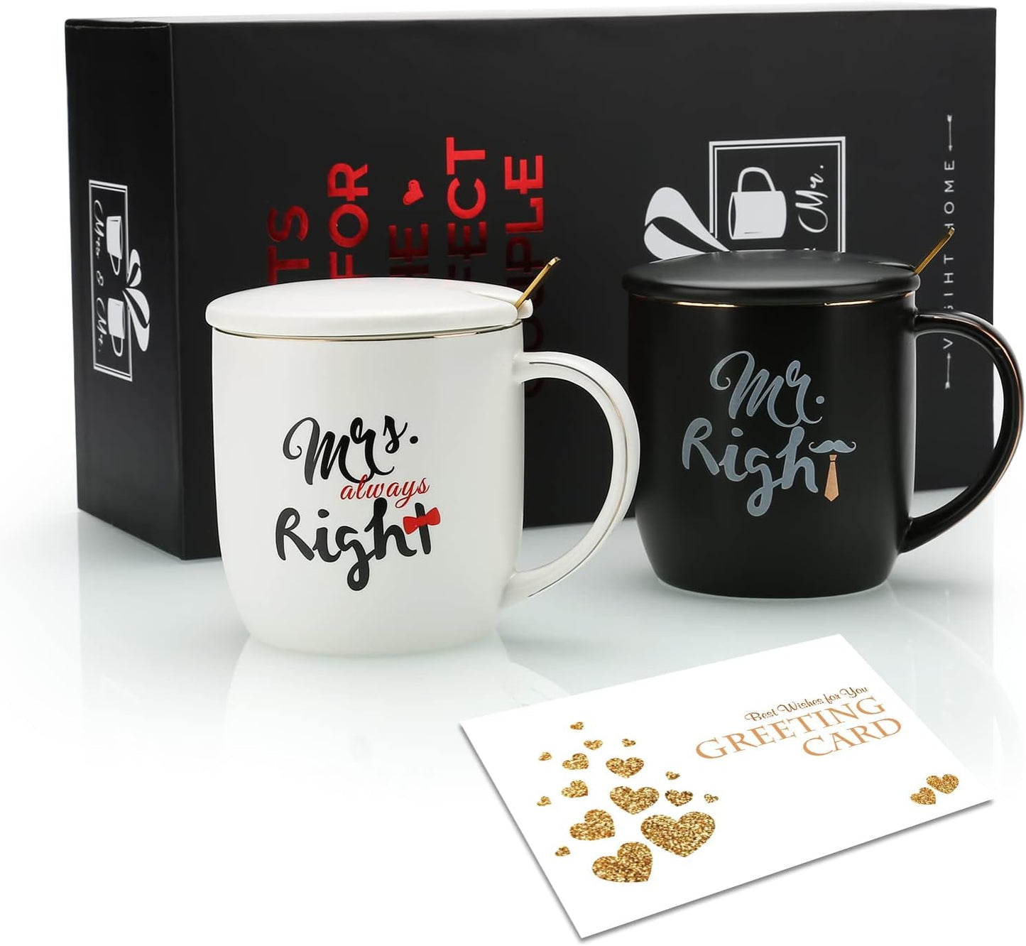 Mr Right Mrs Always Right Couple Coffee Mugs Cups - Bridal Shower Wedding Anniversary Valentine's Day Gift - Bride and Groom Newlyweds Married Couples Ceramic Marble Mugs Set - Black and White