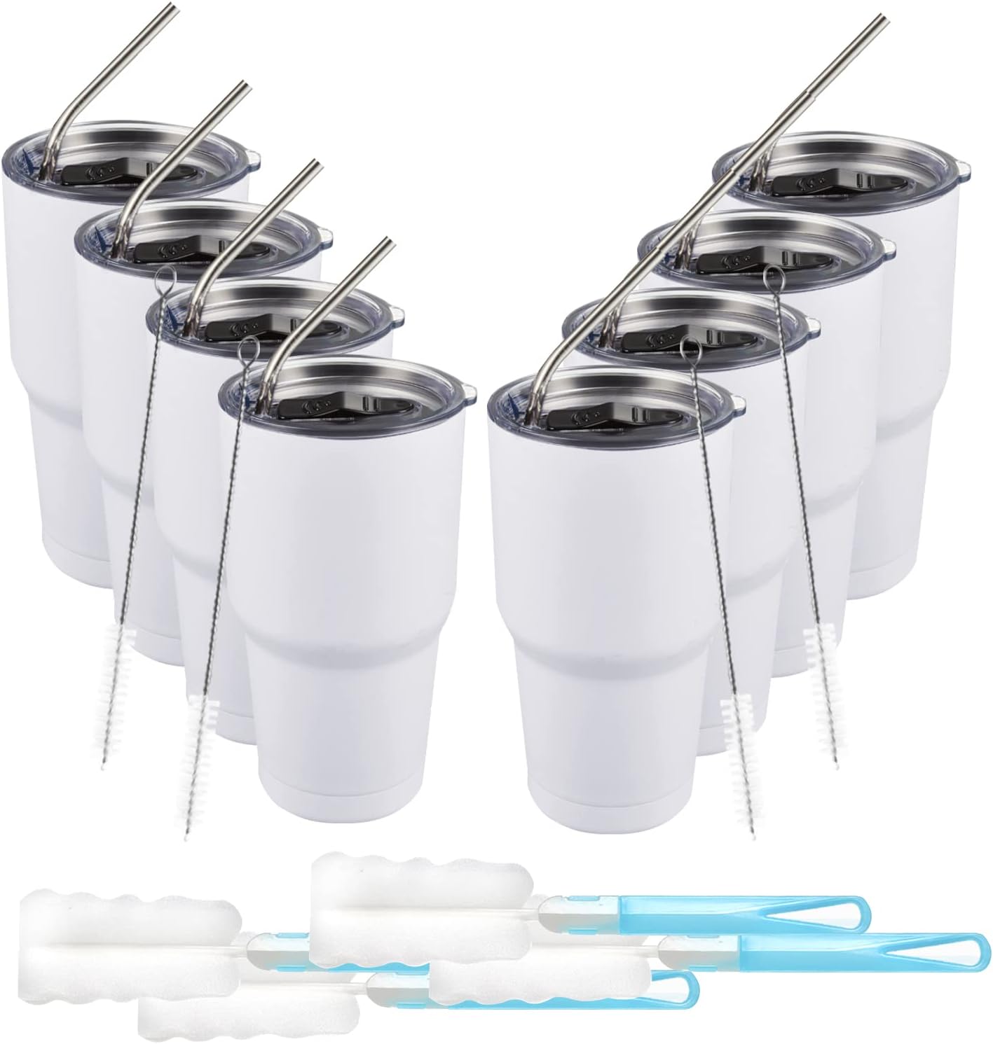 COMOOO 30oz Tumbler Stainless Steel Insulated Tumbler with Lid and Straw Double Wall Vacuum Coffee Cup Large Travel Mug for Home, Office, School,Party (White, 8 Pack)