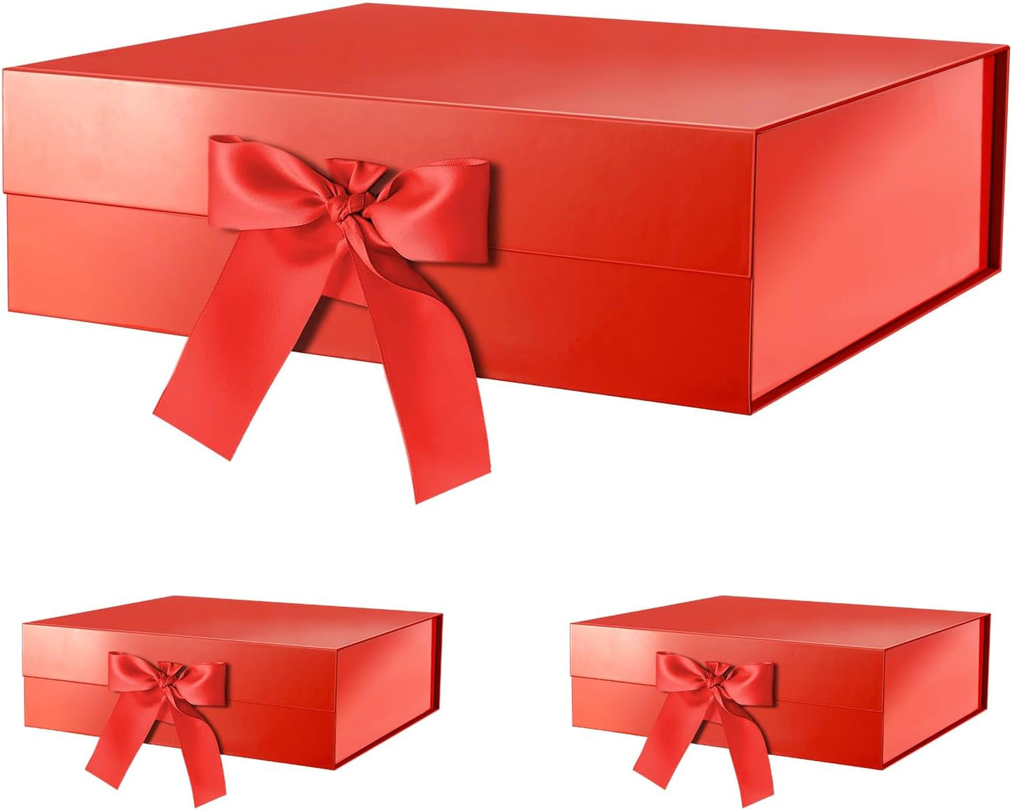 GREEN BEAN 3 Extra Large Gift Box with Lid for Present 16.3x14.2x5 Inches, Mother's Day Red Magnetic Gift Box with Ribbon, Shirt Gift Boxes for Clothes (Glossy Red)