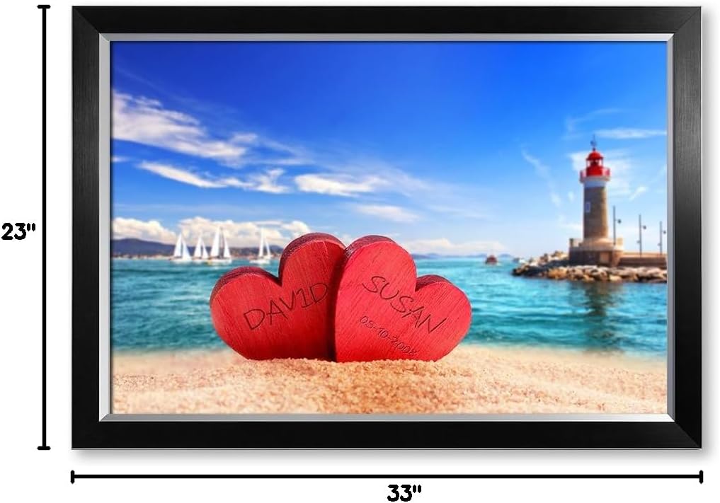 IPIC - Beach Lovers, Personalized Artwork with Names and Date on, Customized Gift for Anniversary,Wedding,Birthday and Holidays. Picture size: 30x20, Framed Size: 33x23