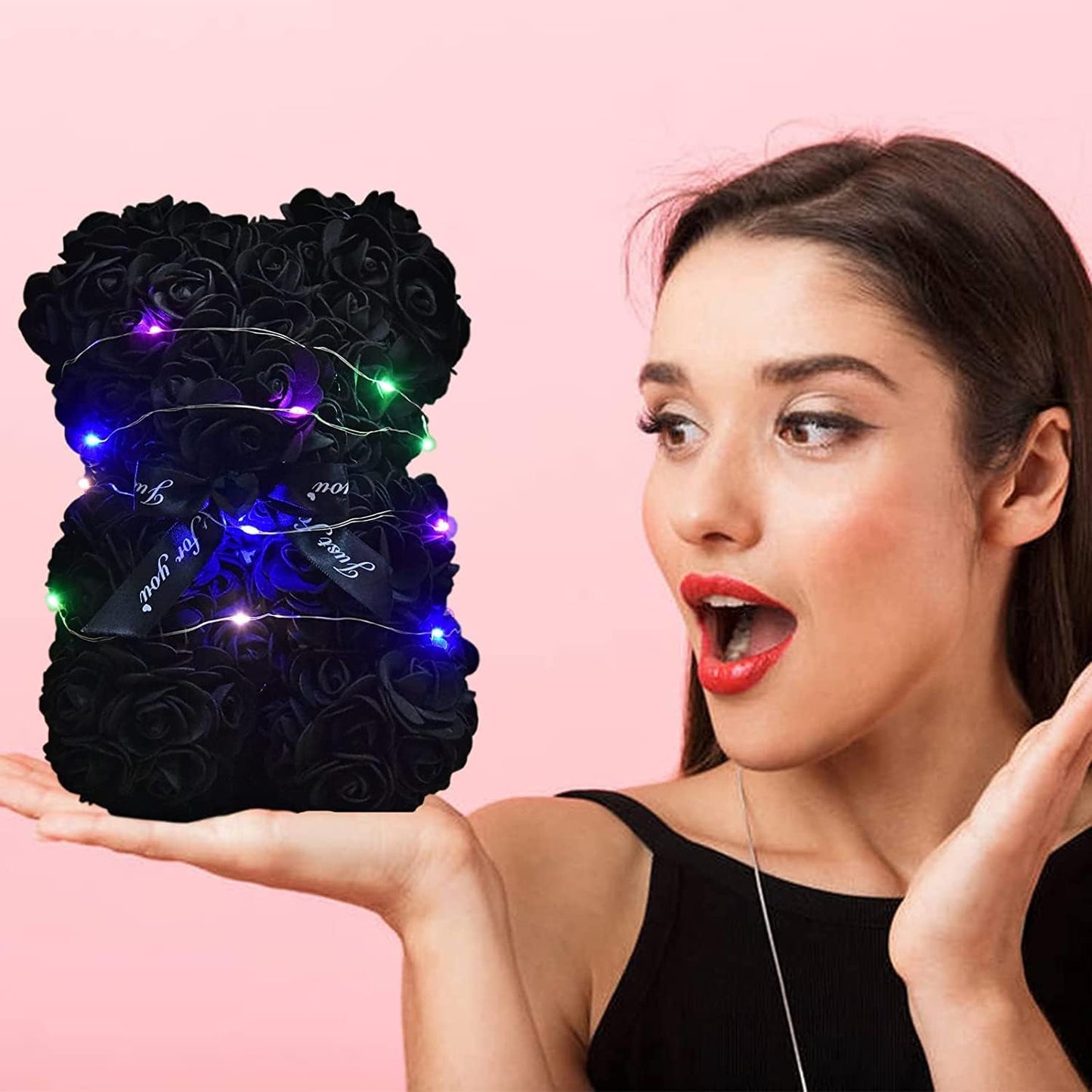 Artificial Rose Flower Bear,Perfect Romantic Gift for Her, Valentine's Mother's Day, Christmas, Birthday,Thanksgiving Party Anniversary Girl Friend Wife with Heart-Shaped Diamond Black.