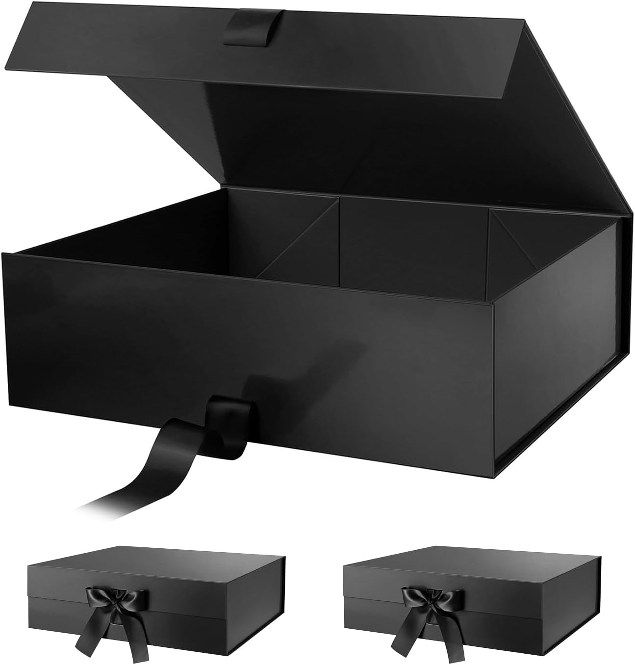 PACKHOME 17x14.5x5.5 Inches, 3 Extra Large Gift Boxes with Lids, Magnetic Closure Boxes with Ribbon for Clothes and Large Gifts (Glossy Black)