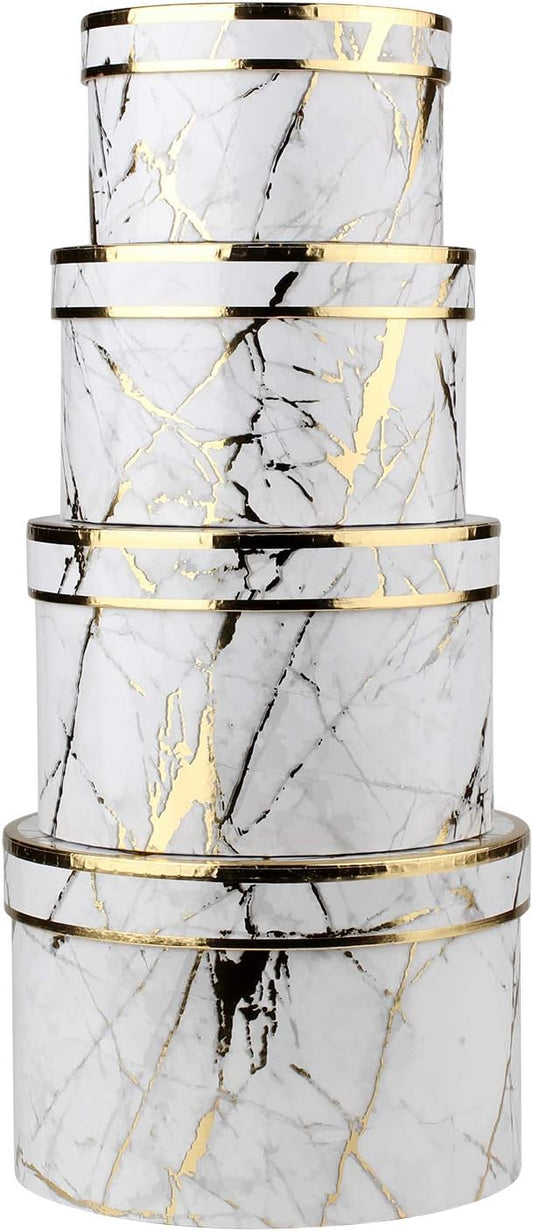 Round Gift Boxes with Lids Set of 4 Marble White Gift Box Assorted Sizes Nesting Gift Boxes for Presents Birthday Bridesmaid Wedding Valentines Christmas Party Favor Boxes