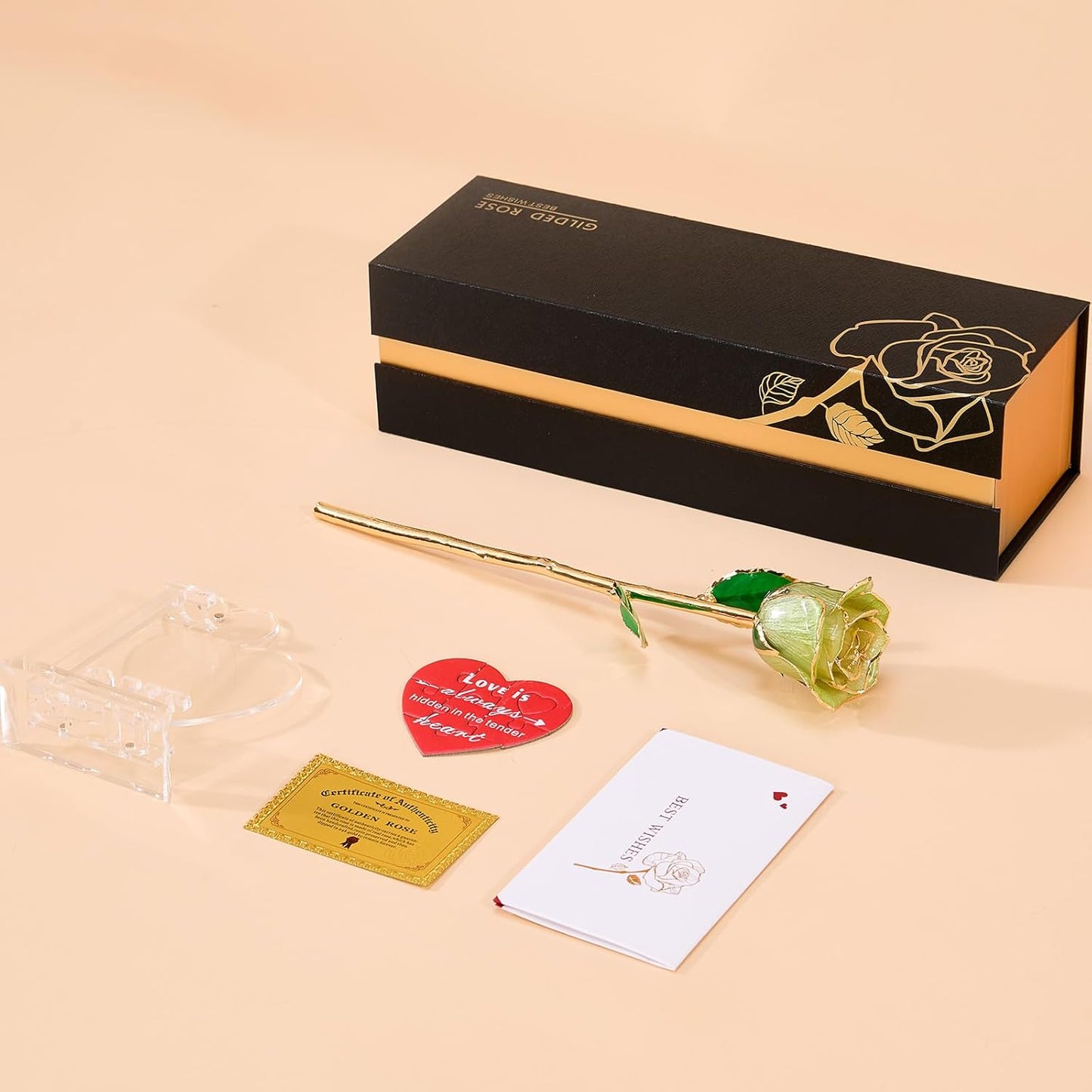 Mikasol Real 24K Gold Dipped Realistic Rose – Timeless Lifelike Bloom with Heart Puzzle Base – Romantic Gradient Green Flower Gift for Her, Wife, Girlfriend, Mom – Birthday, Anniversary, Mother’s Day