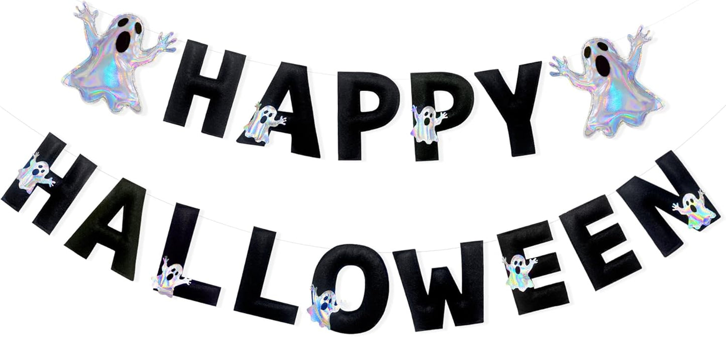 Halloween Decorations Pre-Strung Handmade Felt Happy Halloween Sign Iridescent Ghost Banner for Spooky Ghost Nursery Home Wall Decor Birthday Baby Shower Party Decorations Supplies