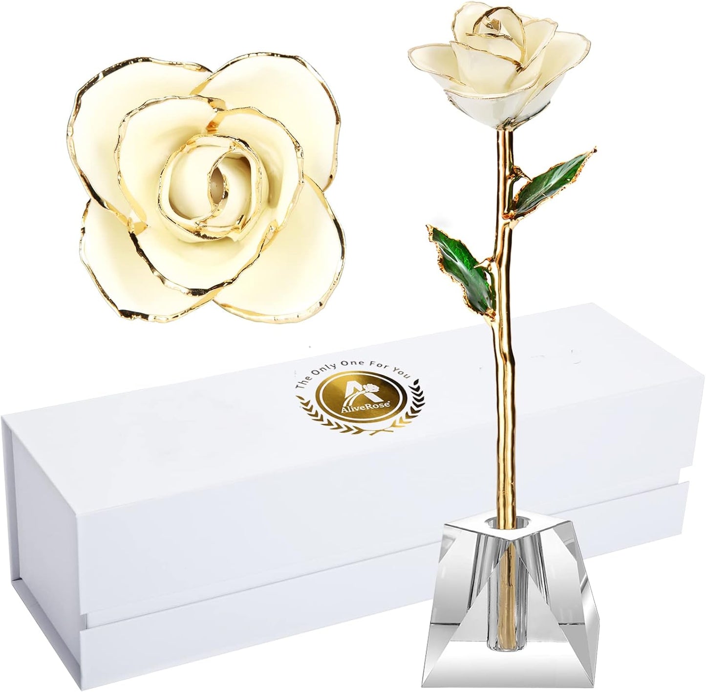Gold White Rose,24k Gold Real Rose Gift for her, Long Stem Rose Made from Real Gold Rose for Anniversary Valentines Mothers Day Birthday (Pearl White with Crystal Vase)