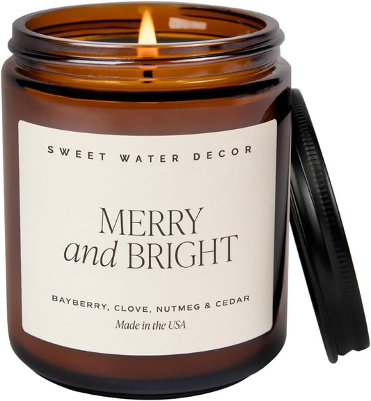 Sweet Water Decor Merry and Bright Candle - Bayberry, Fir, Nutmeg, and Clove Winter Non Toxic Christmas Scented Soy Candles for Home - 9oz Amber Jar, 40 Hour Burn Time, Made in The USA