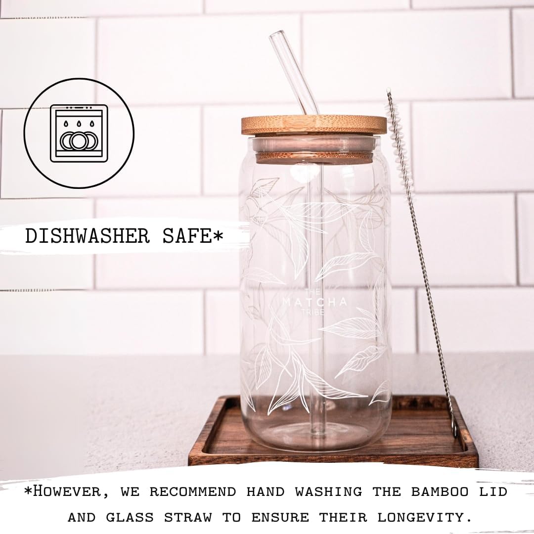 Tumbler With Straw and Lid. Borosilicate Glass - BPA Free Reusable Heat Resistant 16oz Can Shaped Drinking Glass. Great Matcha Cup Gift for Matcha Lovers.