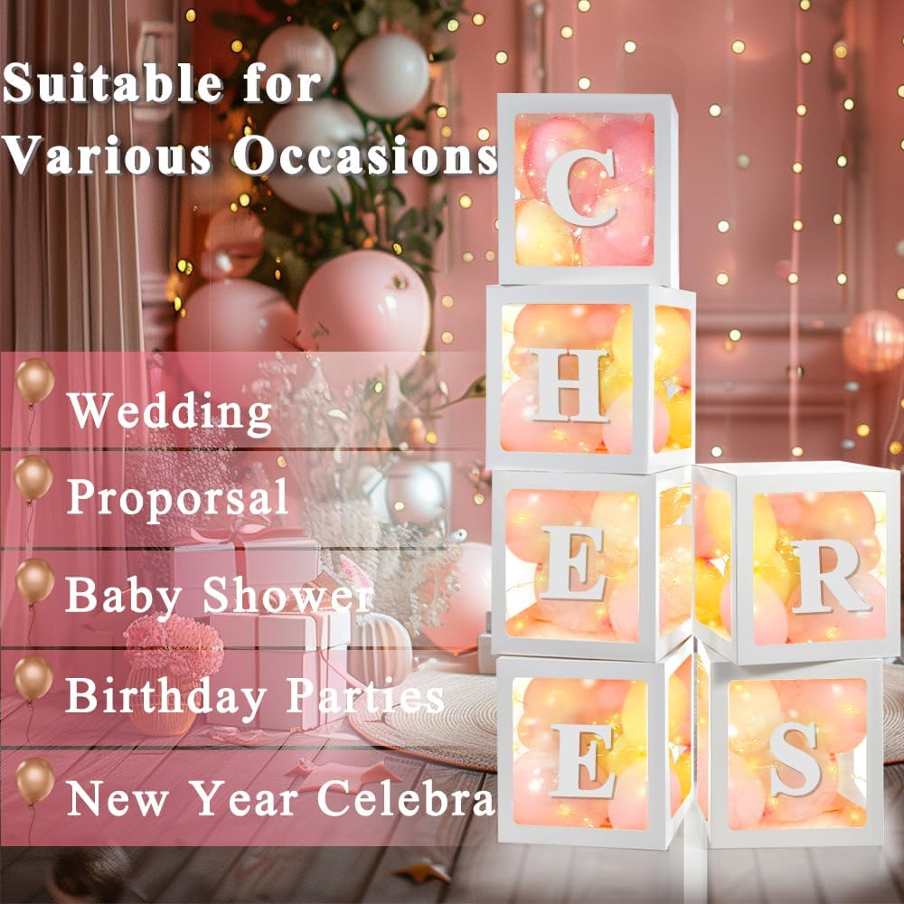 Ledido Transparent Balloon Boxes, Clear Balloon Boxes with 6 Pcs String Lights and 78 Letters for Baby Shower Gender Reveal Grad Birthday Party Anniversary Bridal Wedding Decor - 6 White Boxes