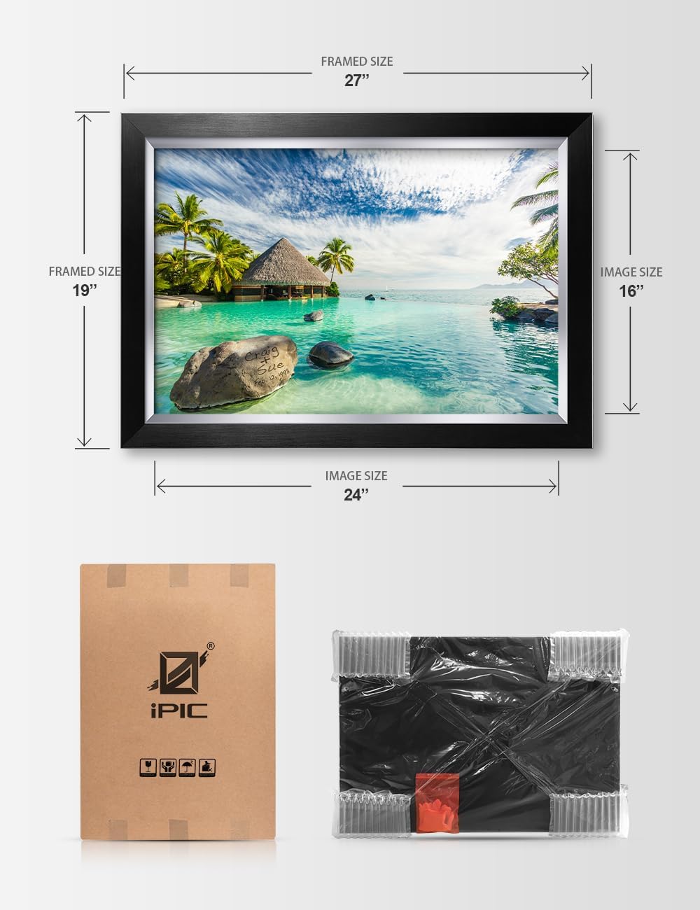 IPIC - "Tropical Memories Personalized Framed Wall Art, Custom Beach Canvas Print with Name and Date on Rock, A Personalized Gift for Couple, Wedding, or Anniversary, Coastal Home Decor