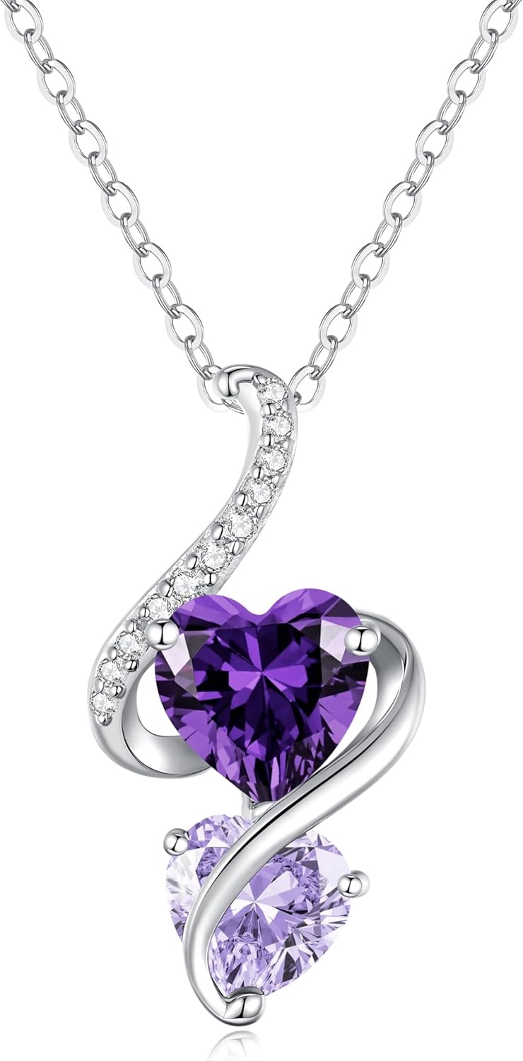 LOUISA SECRET Unique Double Heart Necklace Gifts for Wife Women, 925 Sterling Silver Tiny Birthstone Pendant Jewelry Gift for Her Girlfriend Mom Valentine's Day Anniversary Mother's Day Birthdays & Christmas