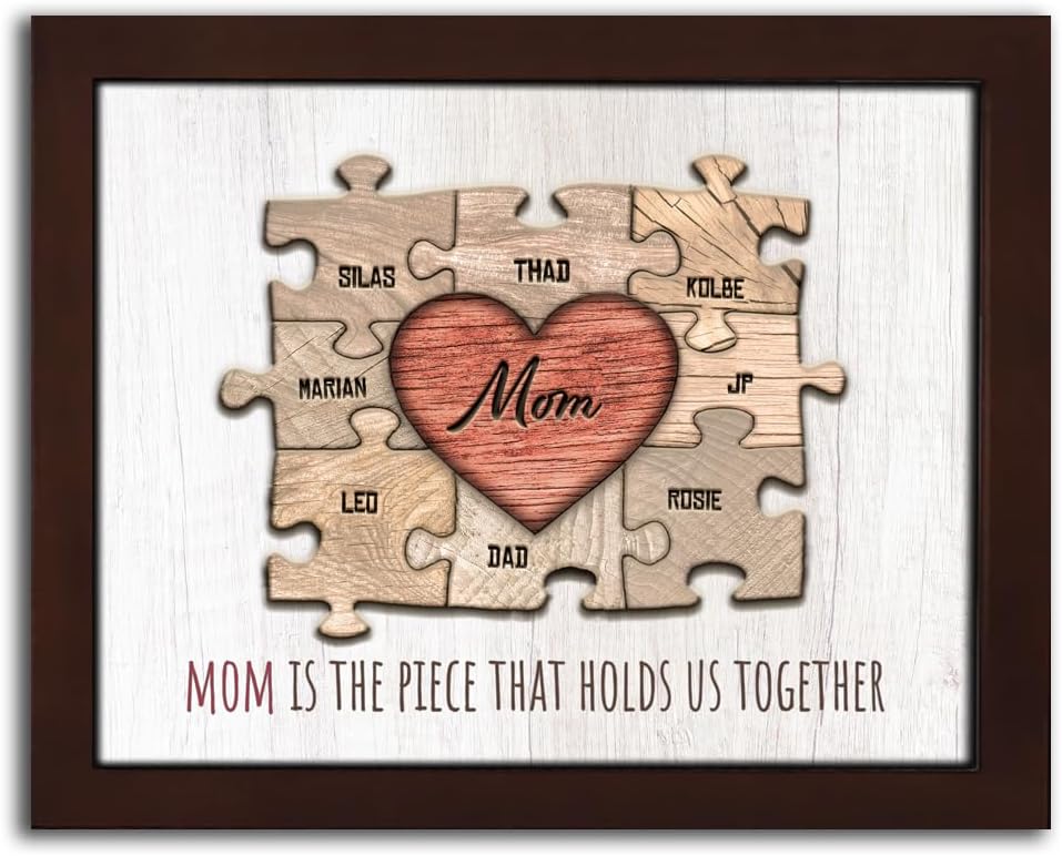 Personal-Prints MOM & Children Personalized HEART Puzzle Wall Art | Unique Customized with up to 8 Names | Mother’s Day, Birthday or Christmas Gift (13"x16" Framed Paper Print, 8 Children)