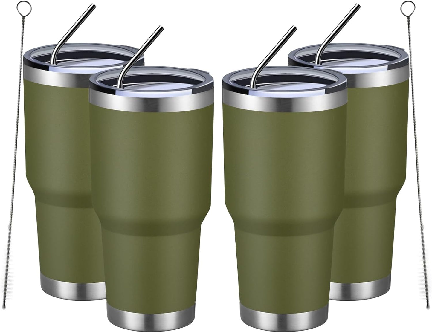 MEWAY 30oz Insulated Tumbler With Lids and Straws,Stainless Steel Double Vacuum Coffee Tumbler Cup, Brush, Durable Powder Coated Coffee Cup for Cold & Hot Drinks, Office, Travel(Army Green,4 PACK)