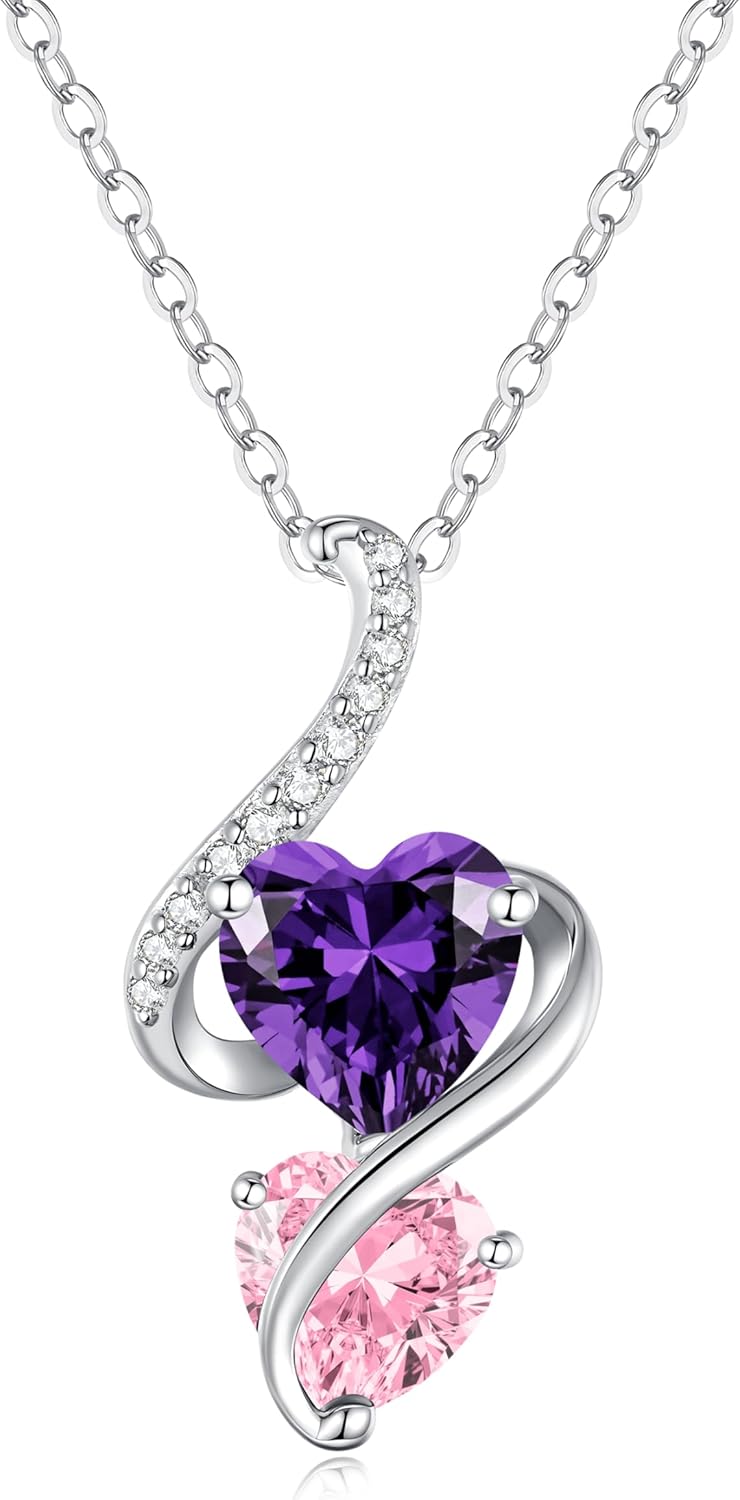 LOUISA SECRET Unique Double Heart Necklace Gifts for Wife Women, 925 Sterling Silver Tiny Birthstone Pendant Jewelry Gift for Her Girlfriend Mom Valentine's Day Anniversary Mother's Day Birthdays & Christmas