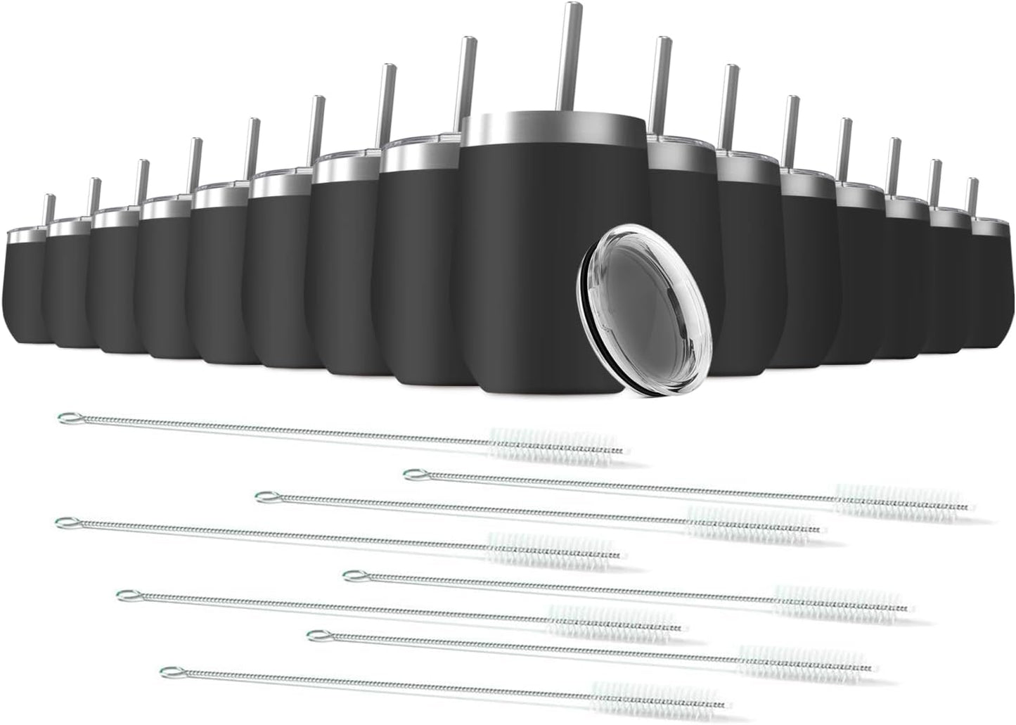 12oz Wine Tumbler with Lid With straw Stainless Steel Wine Tumbler Cups Double Wall Vacuum Insulated Travel Mugs Stemless Cup 16 Pack (Black)