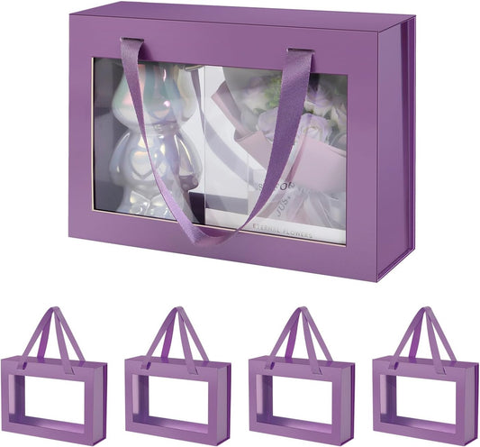 5 Purple Gift Boxes with Windows, Gift Boxes with Lids and Handles, Clear Magnetic Gift Boxes for Presents, Bridesmaid Proposal Boxes (10.5x7.5x3 Inches