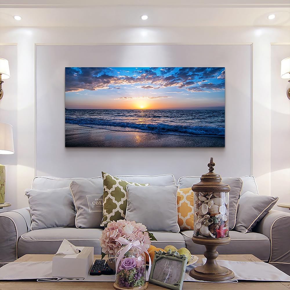 Wapluam Canvas Wall Art For Office Large Wall Decor For Living Room Bedroom Wall Decorations Blue Ocean Wall Painting Sea Beach Seascape Pictures Print Artwork Ready To Hang Home Decor 24 X 48inch