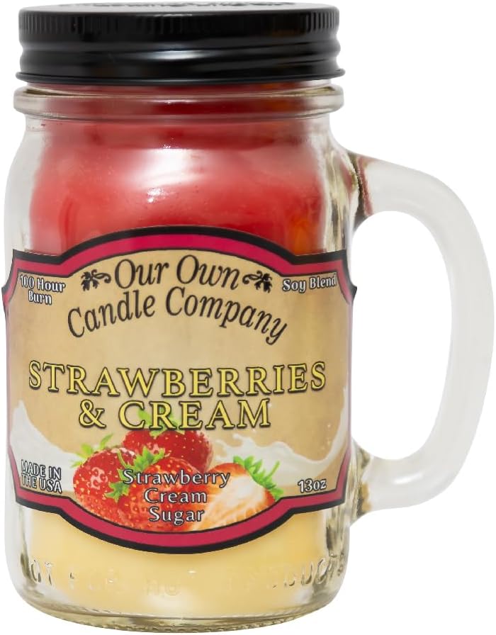 Our Own Candle Company, Strawberries & Cream Scented Mason Jar Candle, 100 Hour Burn Time, Made in The USA - 13 Ounces