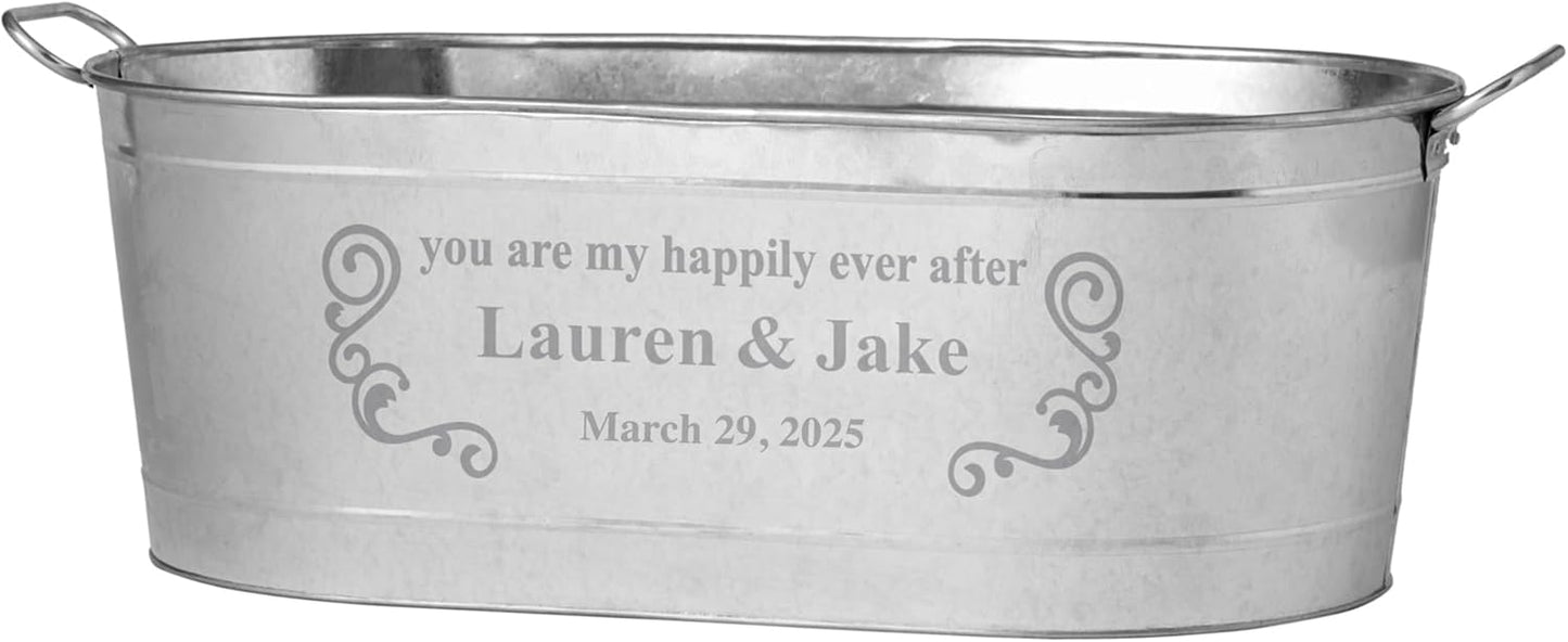 Let's Make Memories Personalized Beverage Tub - For Weddings, Newlyweds - Galvanized Metal Tub - Drink Cooler - 5.5 Gallons - Customized for Bride & Groom - Happily Ever After