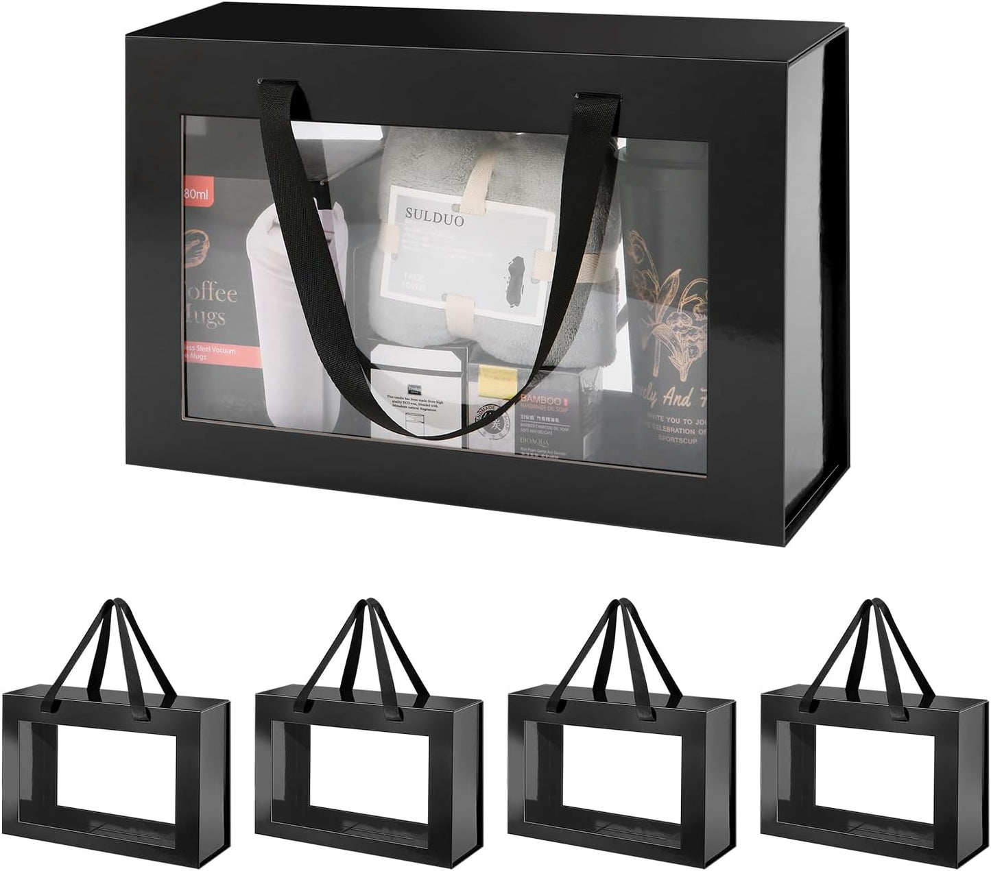 JINGUAN Large Black Clear Gift Boxes, 13.5x9x4.1 Inches Gift Boxes with Windows by Handles, Groomsman Proposal Boxes, Collapsible Gift Boxes with Magnetic Closure (Glossy Black, 5 Pack)