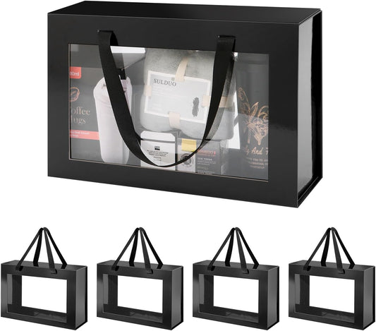 JINGUAN Large Black Clear Gift Boxes, 13.5x9x4.1 Inches Gift Boxes with Windows by Handles, Groomsman Proposal Boxes, Collapsible Gift Boxes with Magnetic Closure (Glossy Black, 5 Pack)