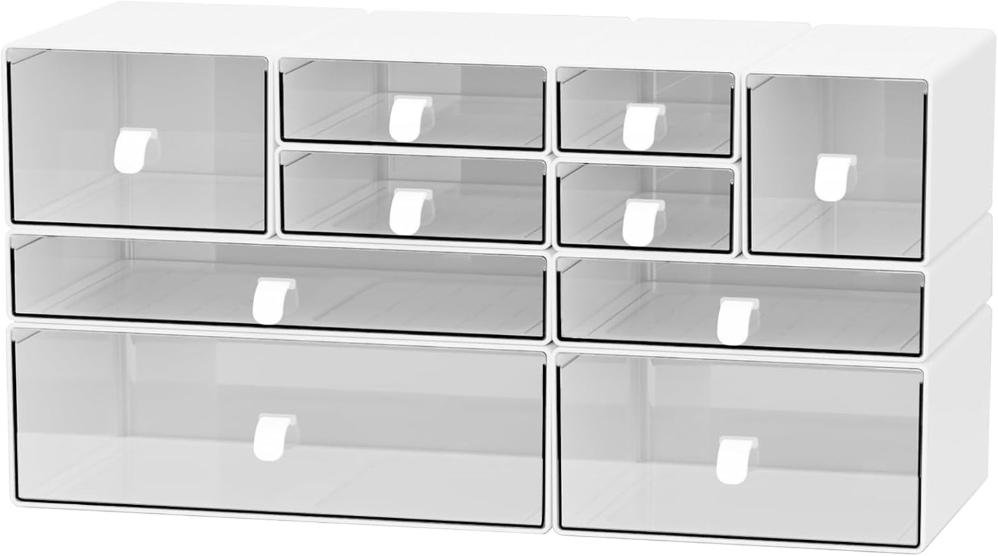 Yashong Desk Organizer Set, White & Clear Stackable Dustproof Storage Boxes for Desktop, Office, DIY Craft & Vertical Space Saving, Perfect for Makeup, Stationery, Jewelry Organization