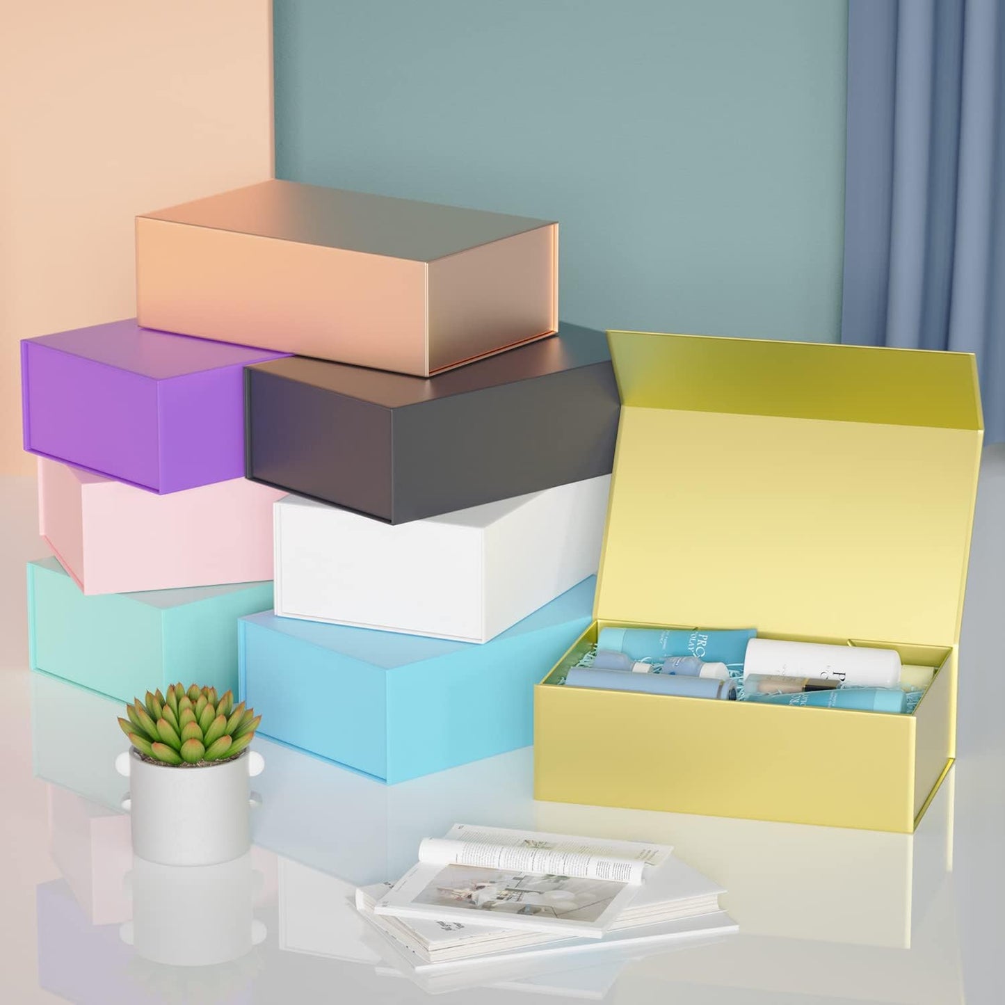 Gold Gift Box, 9.5x6x3'' Gift boxes for Presents with Lids Magnetic Closure Rectangle Collapsible for Bridesmaid Proposal Box, Wedding, Christmas, Halloween, Birthday Gift Packging