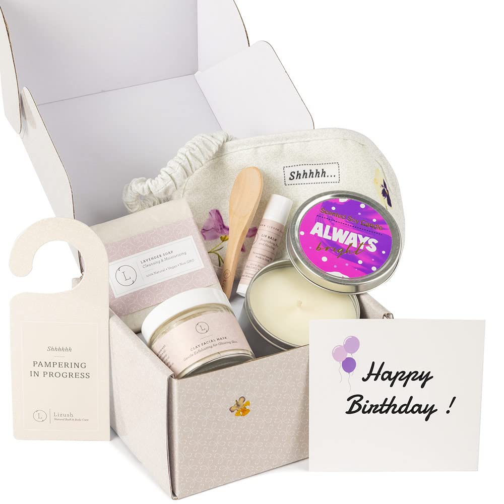 Lizush Luxury 6-Piece Lavender Spa Kit for Women - Relaxation Spa Gift Basket, Self-Care Care Package for Wife - Happy Birthday - Handmade in The USA