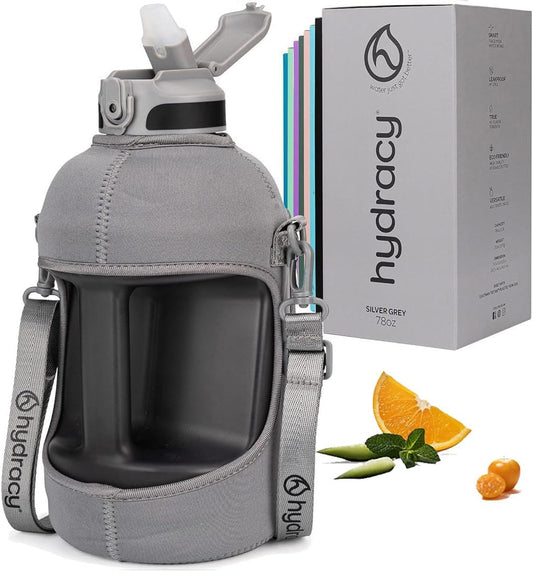 Hydracy Water Bottle with Time Marker -Large BPA Free Water Bottle & No Sweat Sleeve -Leak Proof Gym Bottle with Fruit Infuser Strainer & Times to Drink -Ideal for Fitness Sports & Outdoors