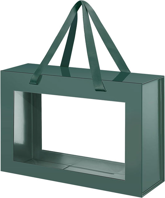 Large Green Clear Gift Box, 13.5x9x4.1 Inches Gift Box with Window by Handle, Bridesmaid Proposal Box, Collapsible Gift Box with Magnetic Closure (Glossy Green, 1 Pack)