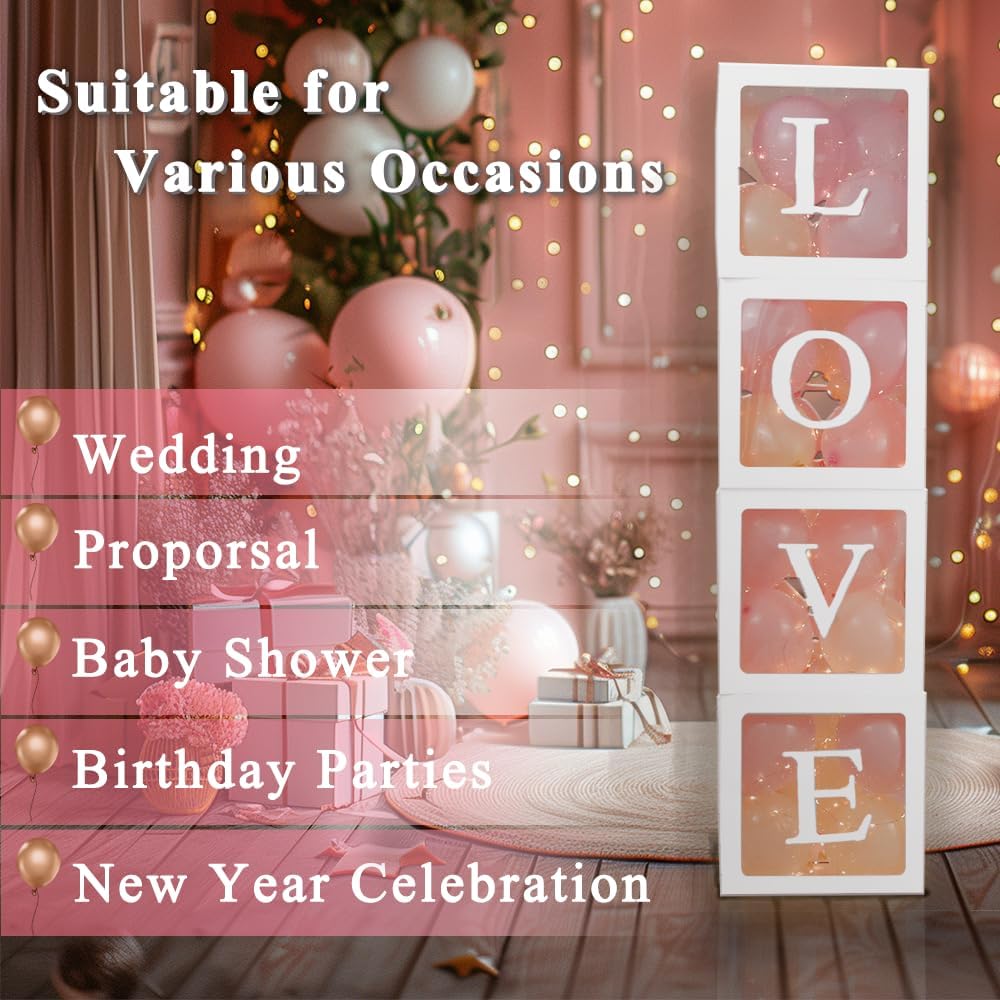 Ledido Baby Boxes with Letters for Baby Shower Decorations, 4 Pcs Transparent Balloon Boxes Blocks with Fairy String Lights, Clear Balloon Boxes for Boy Girl Gender Reveal Party Backdrop (White)