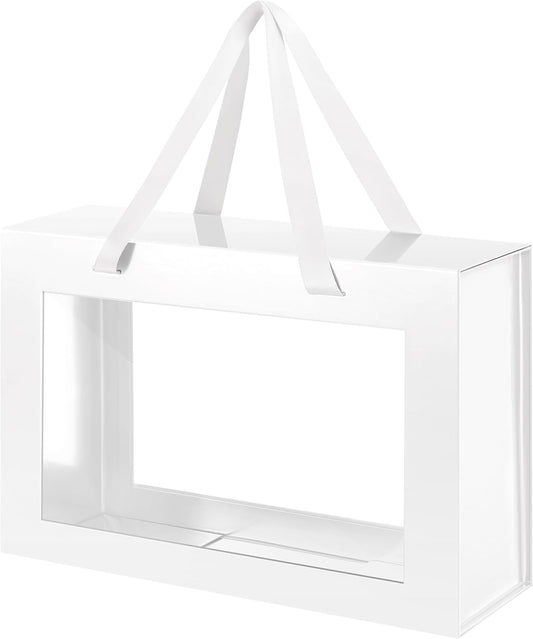 Large White Clear Gift Box, 13.5x9x4.1 Inches Gift Box with Window by Handle, Bridesmaid Proposal Box, Collapsible Gift Box with Magnetic Closure (Glossy White, 1 Pack)