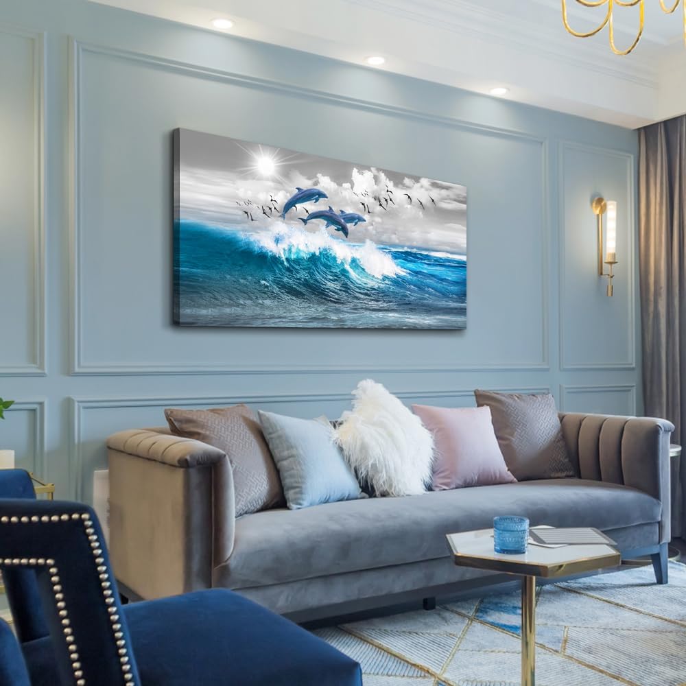 Wapluam Large Size Canvas Art - Blue Waves Of The Sea Wall Art For Living Room & Bedroom - Modern Office Decoration
