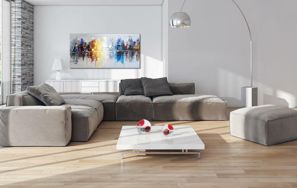 Hand Painted Cityscape Modern Oil Painting on Canvas Reflection Abstract Wall Art Decor (48 x 24 inch)