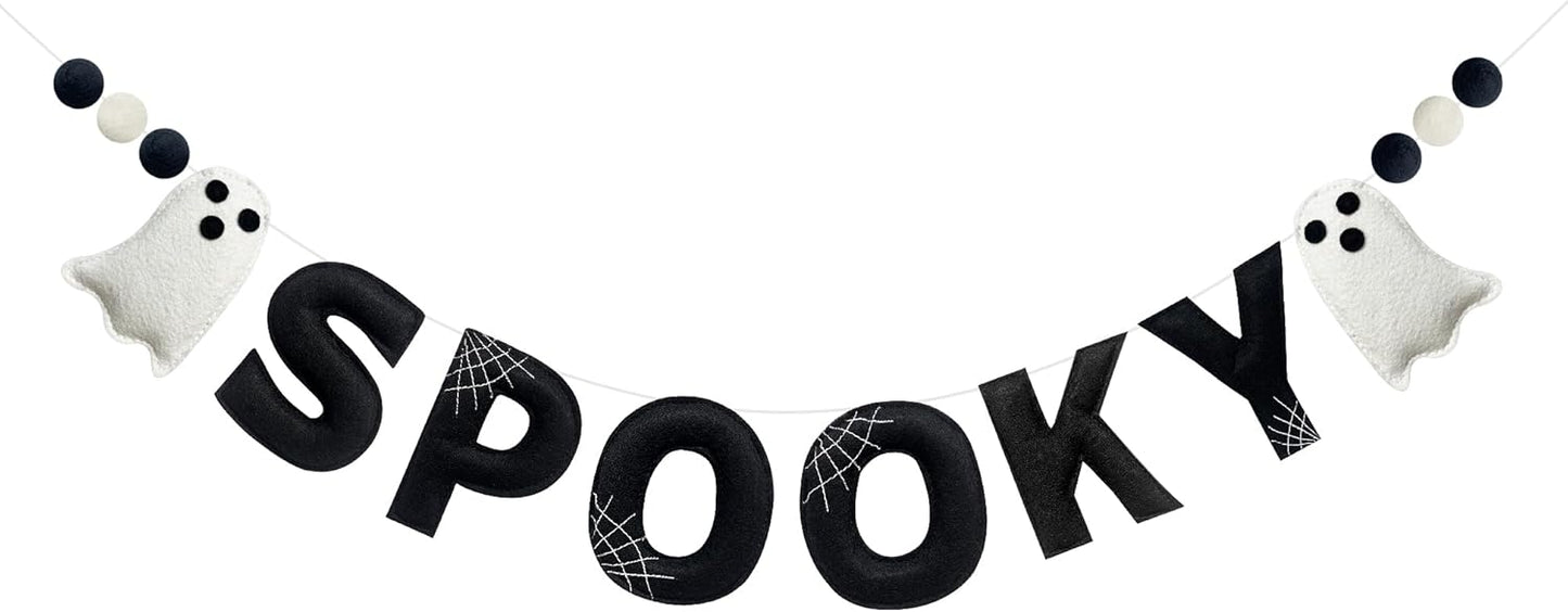 Halloween Decorations Pre-Strung Felt Spooky Sign Spiderweb Ghost Banner Wool Felt Ball Garland for Spooky Halloween Ghost Nursery Home Wall Decor Baby Shower Birthday Party Decorations Supplies