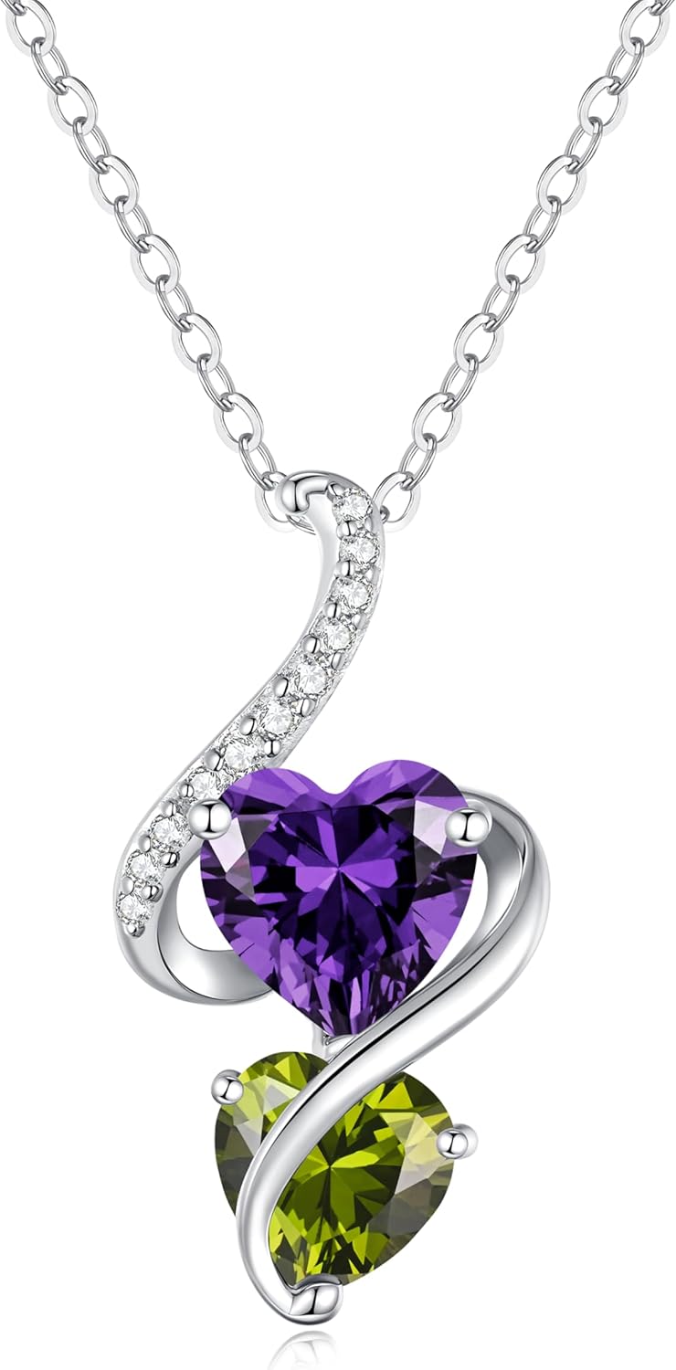 LOUISA SECRET Unique Double Heart Necklace Gifts for Wife Women, 925 Sterling Silver Tiny Birthstone Pendant Jewelry Gift for Her Girlfriend Mom Valentine's Day Anniversary Mother's Day Birthdays & Christmas