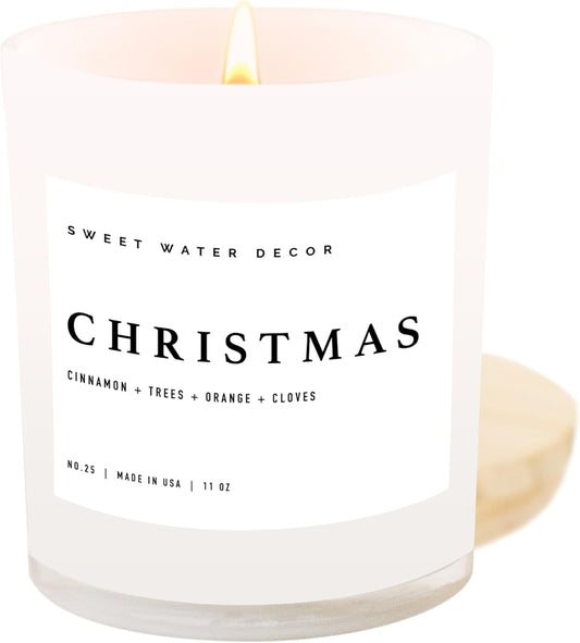 Sweet Water Decor Christmas Candle - Christmas Tree, Apple Cider, and Cinnamon, Winter Holiday Scented Soy Candles for Home - 11oz White Jar, 50+ Hour Burn Time, Made in the USA