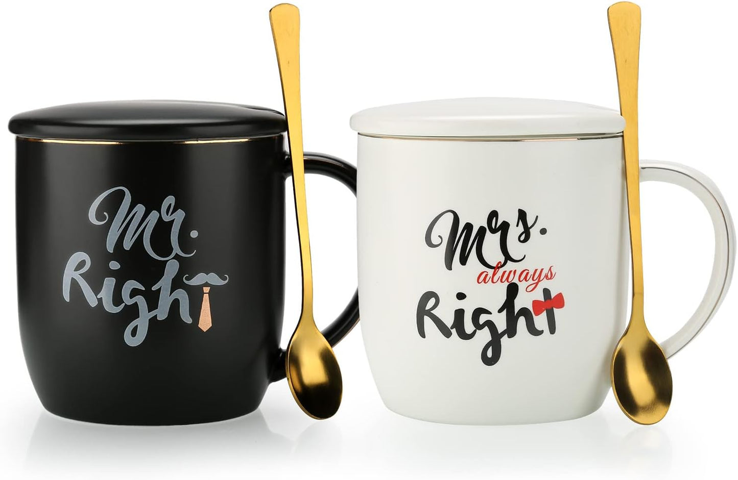 Mr Right Mrs Always Right Couple Coffee Mugs Cups - Bridal Shower Wedding Anniversary Valentine's Day Gift - Bride and Groom Newlyweds Married Couples Ceramic Marble Mugs Set - Black and White