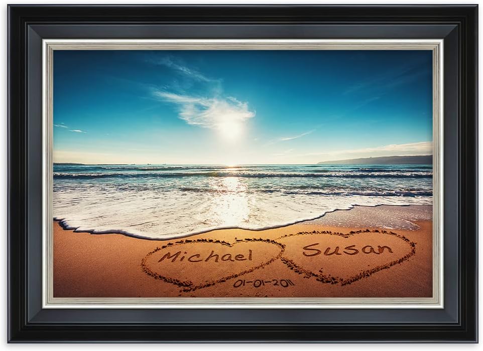 IPIC - Heart in Heart, Personalized Framed Wall Art with Names and Date on, Giclee Prints with Solid Wood Frame, Customized Gift and Memorial Gifts for Wedding Anniversary.