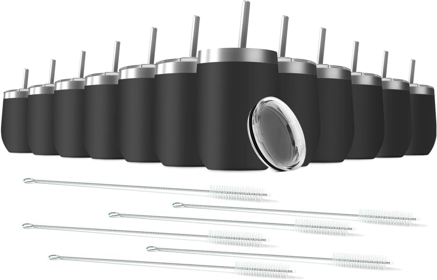 12oz Wine Tumbler with Lid With straw Stainless Steel Wine Tumbler Cups Double Wall Vacuum Insulated Travel Mugs Stemless Cup 12 Pack(Black