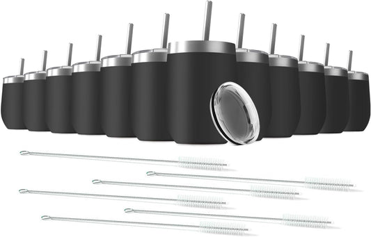 12oz Wine Tumbler with Lid With straw Stainless Steel Wine Tumbler Cups Double Wall Vacuum Insulated Travel Mugs Stemless Cup 12 Pack(Black