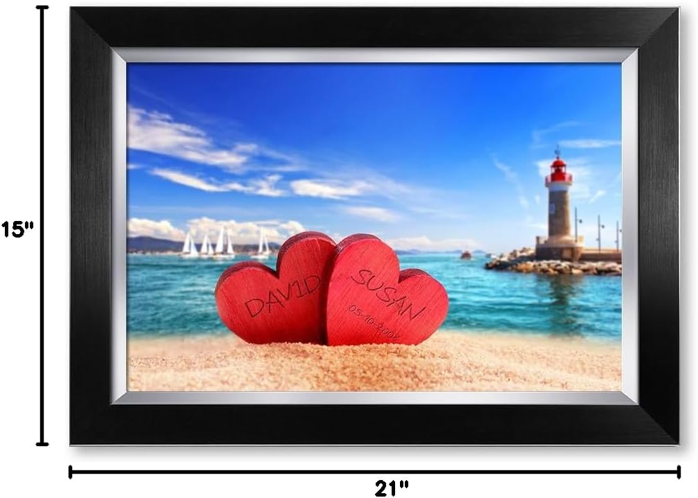 IPIC - Beach Lovers, Personalized Artwork with Names and Date on, Customized Gift for Anniversary,Wedding,Birthday and Holidays. Picture size: 18x12, Framed Size: 21x15