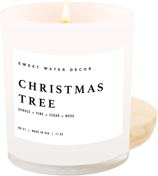 Sweet Water Decor Christmas Tree Soy Candle | Pine Needles, Cedarwood, Cypress, and Evergreen Holiday Scented Candles for Home | 11oz White Jar + Wood Lid, 50+ Hour Burn Time, Made in the USA