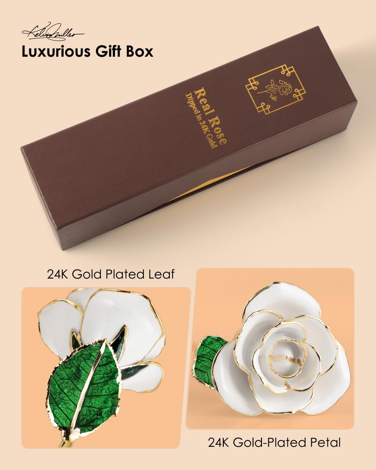 24K Gold Dipped Real Rose – Handcrafted, One of a Kind Gift – Timeless Romantic Present for Birthday, Valentine’s, Mother’s Day, Anniversary (Ivory White)