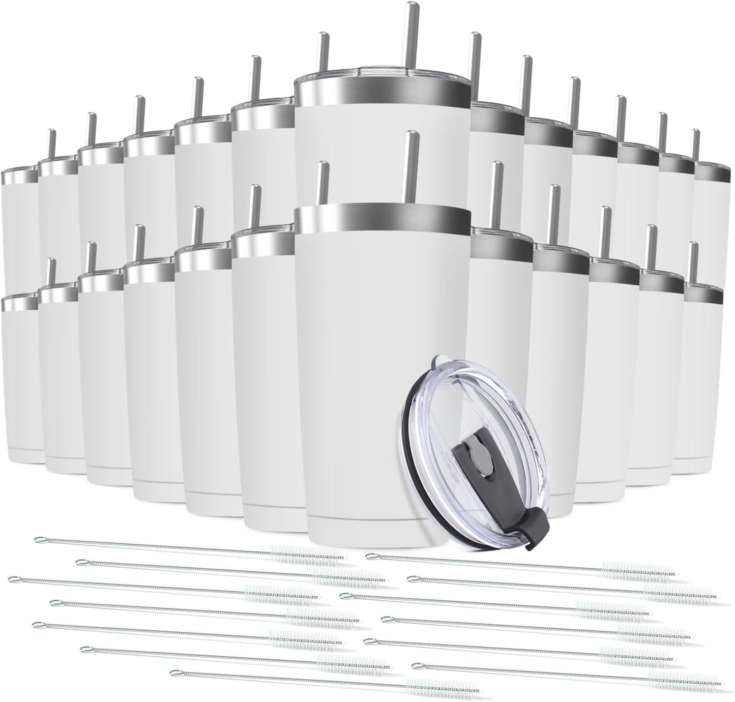 25 pack 20 oz Stainless Steel Insulated Tumbler with Straw and Lid, Double Wall Travel Coffee Mug Vacuum Insulated Bulk Tumbler, Suitable for Vehicle Cup Holders White