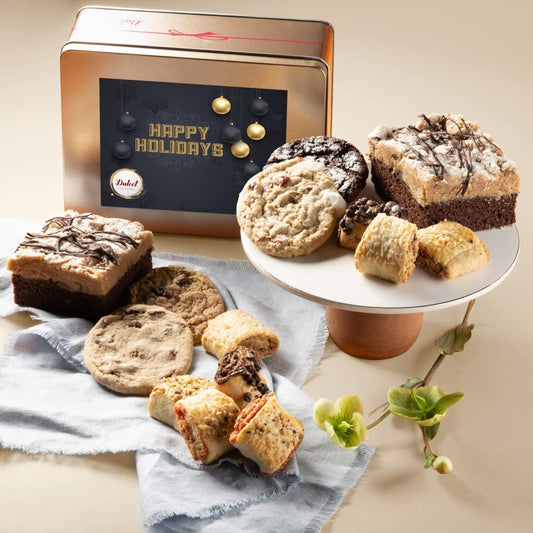 Dulcet Gift Basket Holiday Classic Old Fashioned Gift Tin Box Assorted Gourmet Treats Ideal Gift for Men, Women, Family, and, Friends.