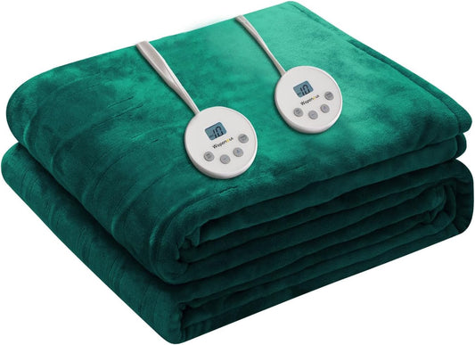 Wapaneus Heated Blanket Electric Queen Size 84"x90"-Dual Control with 10 Heat Levels 12 Timer Settings and 8 Hours Auto-Shut Off,Fast-Heating Electric Blanket,ETL Listed Machine Washable,Green