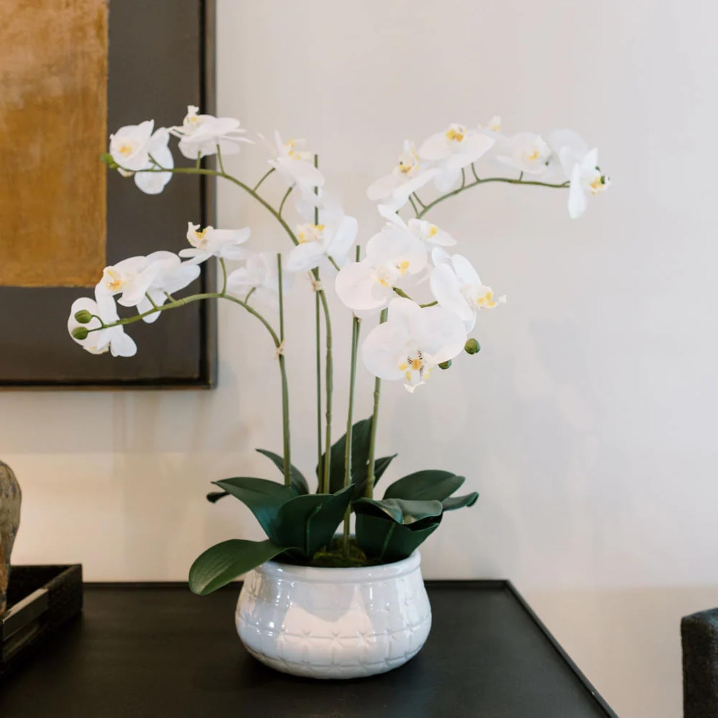 Faux White Orchid Plant, Premium Artificial Indoor Flower Display Stands 23”, Beautiful Sculptural Blooms That Lasts Forever, White Planter Pot Included