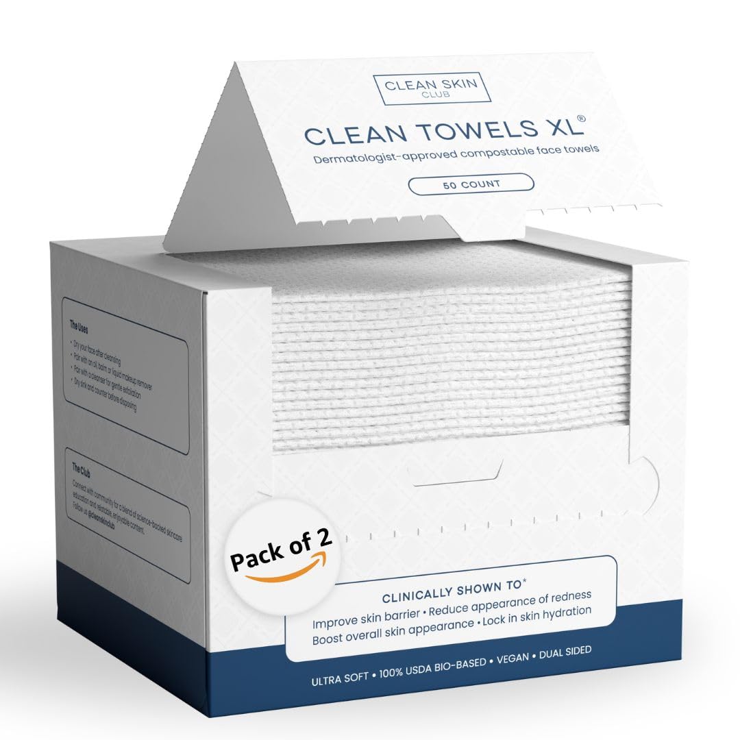 Clean Skin Club Clean Towels XL™, 100% USDA Biobased Face Towel, Disposable Face Towelette, Eczema Association Accepted, Makeup Remover Dry Wipes, Ultra Soft, 100 Ct, 2 Pack
