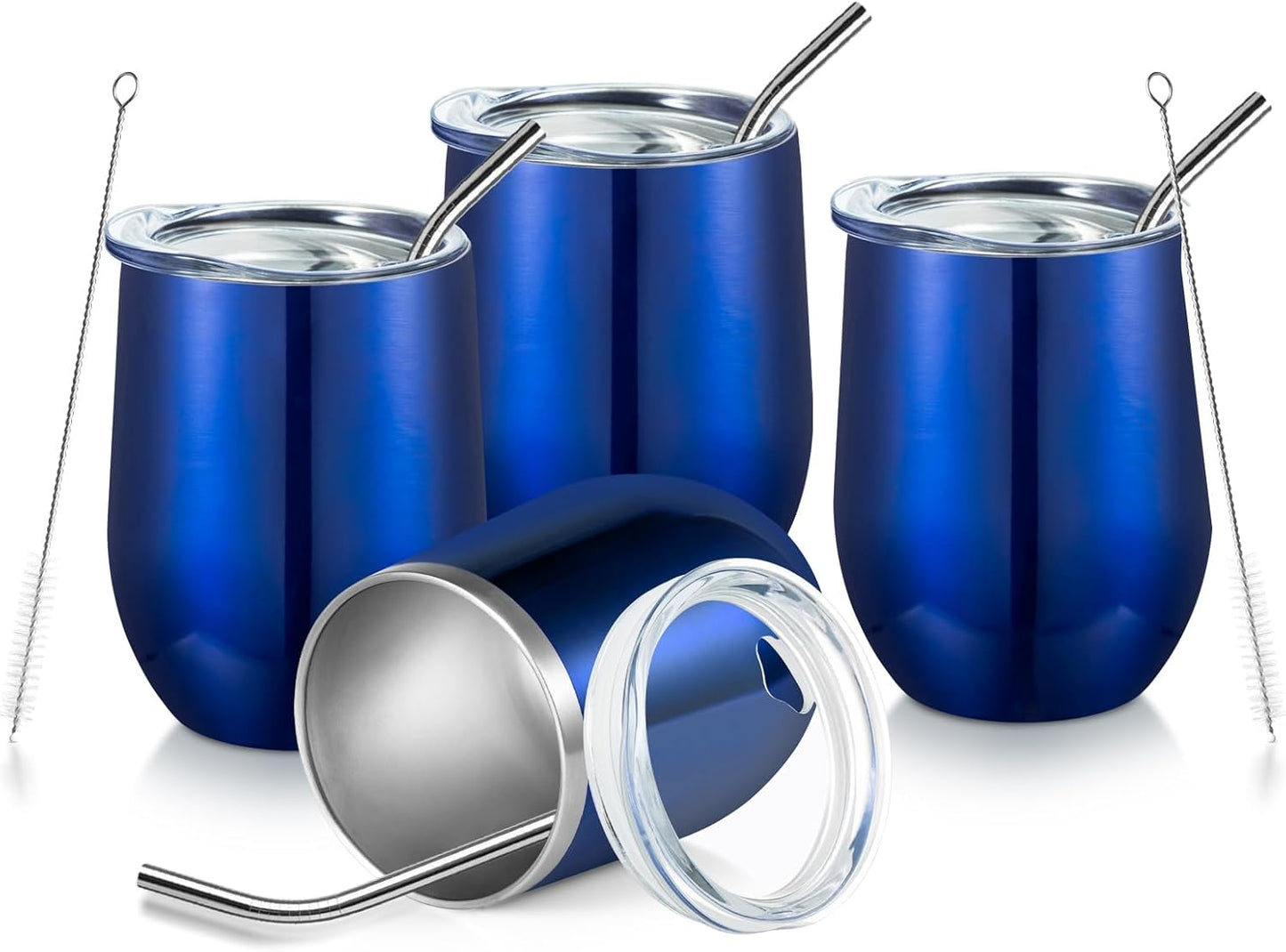 COMOOO Stainless Steel Wine Tumbler Glass Set of 4 with Lid and Straw 12oz Double Wall Vacuum Insulated Travel Tumbler Cup Stemless for Coffee Wine Cocktails Ice Cream Cup (Royal blue, 4)